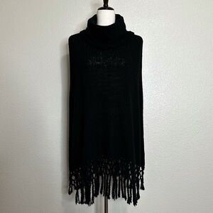 Halogen Wool Blend Black Turtleneck Fringe Poncho, Size M/L
